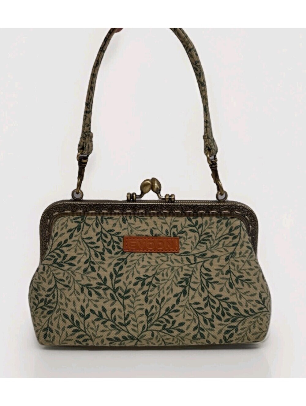 EVOON Botanical Kiss Lock Frame Handbag Green Leaf Cottagecore Vintage Style
